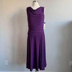 Chaps Cowl Neck Fit Flare Dress Ruching Purple Slinky Sleeveless Large NWT